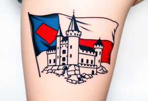 A Czech flag (blue, white up, red down) waving behind a medieval castle tattoo idea