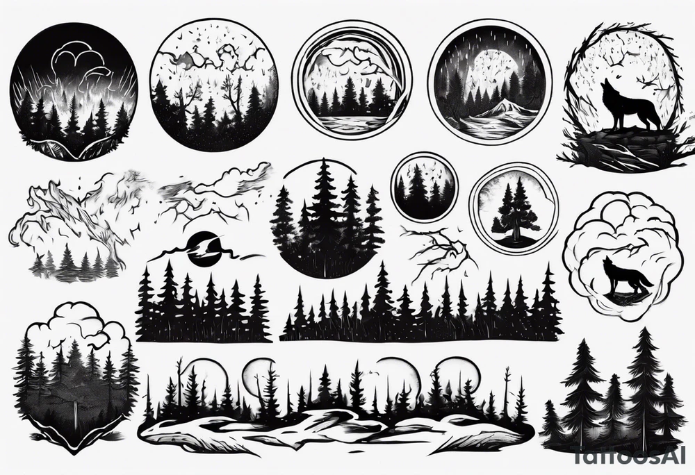 a thunder and lightning storm over a forest with a distant wolf howling and a drum circle tattoo idea a thunder and lightning storm over a forest with a distant wolf howling and a drum circle tattoo idea