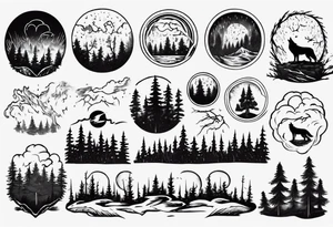 a thunder and lightning storm over a forest with a distant wolf howling and a drum circle tattoo idea