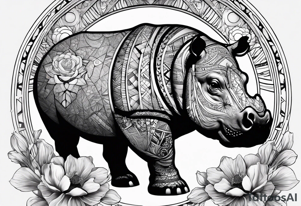 Hippo, flowers, moon, interstella, artic surreal, 
Extreme fine lines, +tribal, +geometric, develop from my favourites tattoo idea