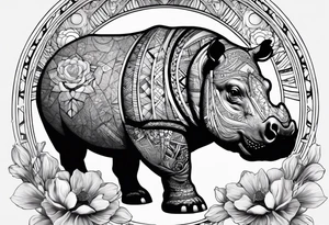 Hippo, flowers, moon, interstella, artic surreal, 
Extreme fine lines, +tribal, +geometric, develop from my favourites tattoo idea