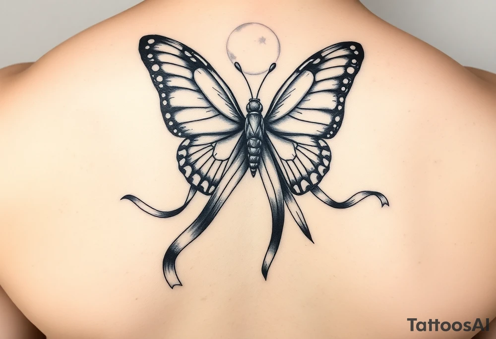 ethereal butterfly with flowing silk HIV-positive symbol ribbons in moonlight tattoo idea