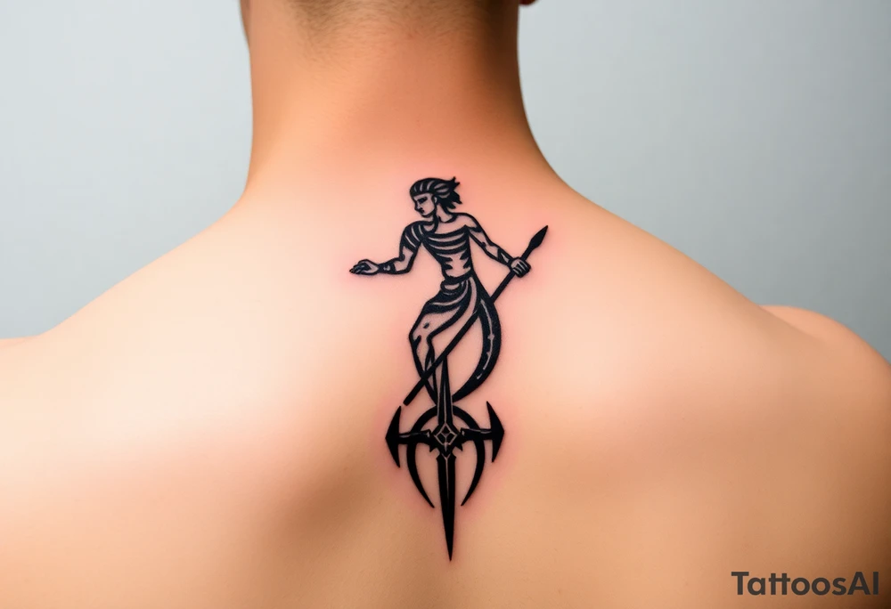 Tatouage de bras complet, Poséidon sortant de l'eau avec le trident vers le bas, tattoo idea