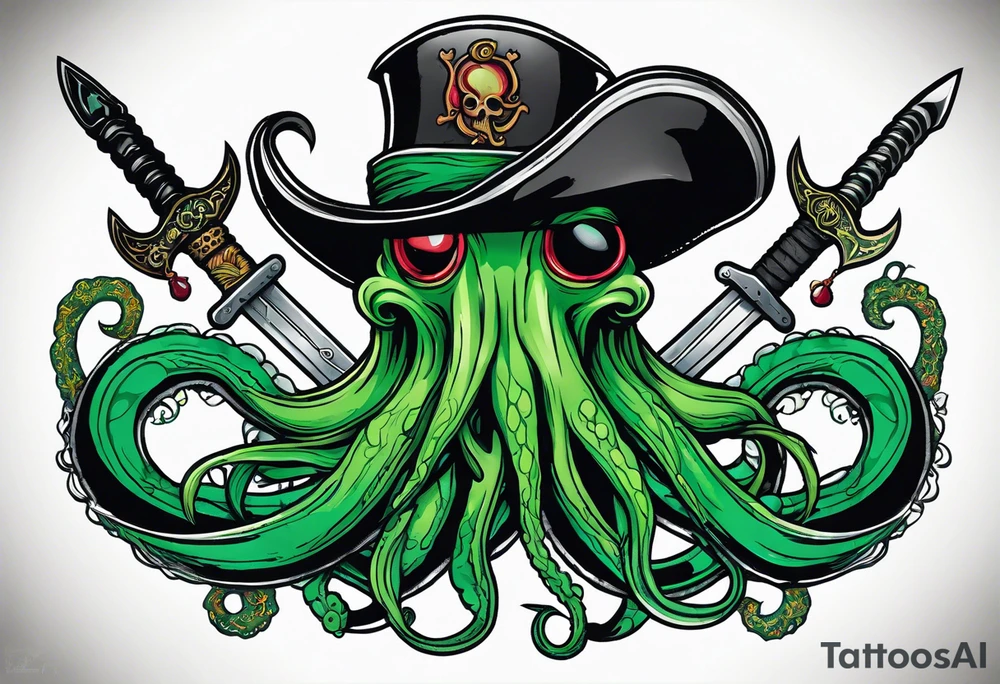 green pirate squid with tentacles holding very bloody sword and anchor in tentacles, black hat, beard tattoo idea