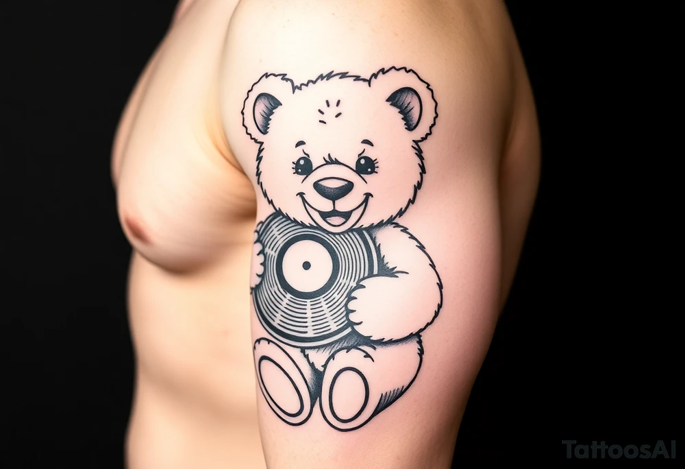 minimalist teddy bear smiling and holding a vinyl record tattoo idea