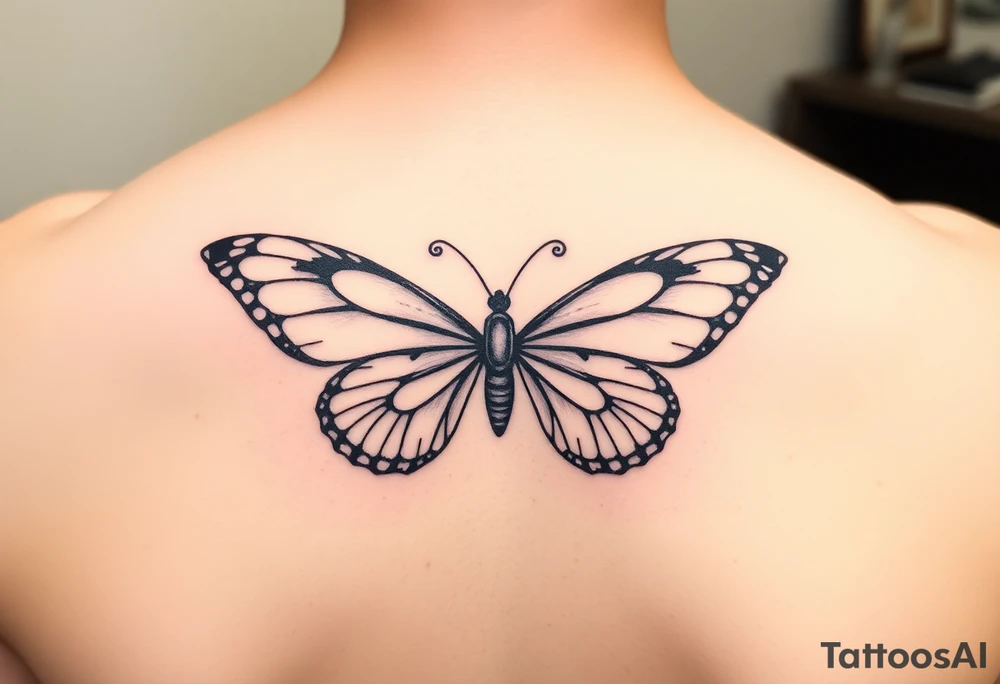 dainty butterfly with swirls coming from both wings tattoo idea