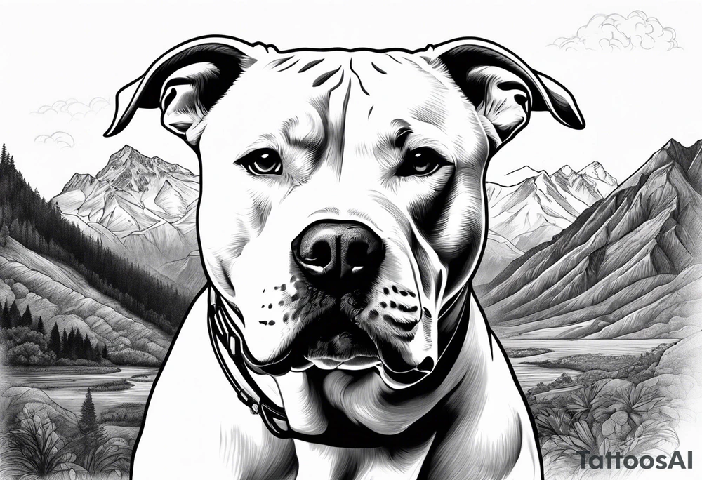 white purebred pitbull with a black spot on left eye  with mountain in the background tattoo idea