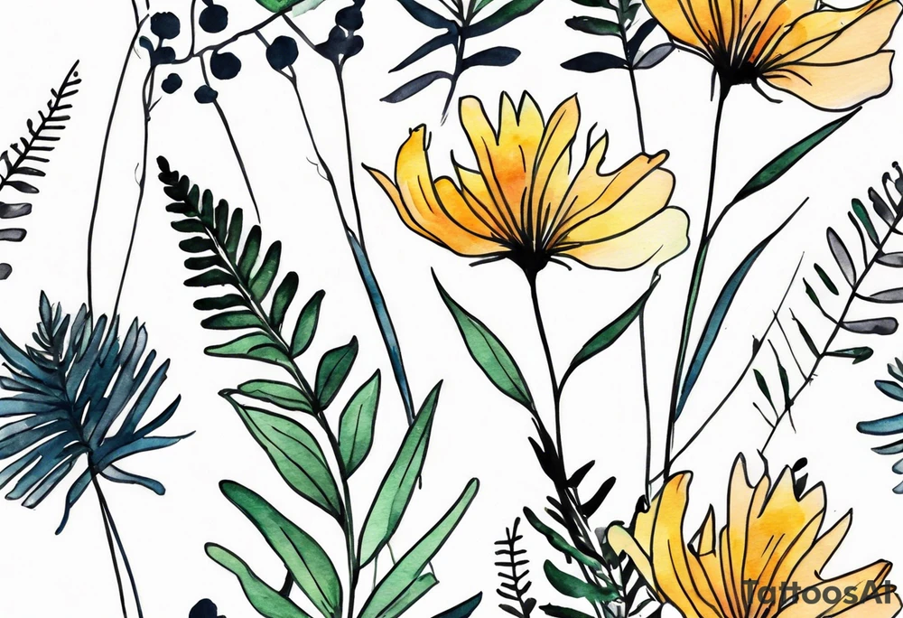 wild flowers long stems bouquet with ferns all watercolor tattoo idea