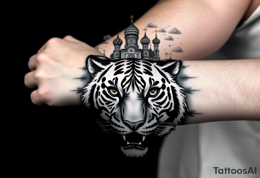 Realistic tiger face on the back of the hand with its eyes ALL black and no pupils, sitting beneath a Russian Orthodox cathedral sitting above on the top fore arm with onion domes and orthodox crosses. with clouds above and a virgin mary tattoo idea