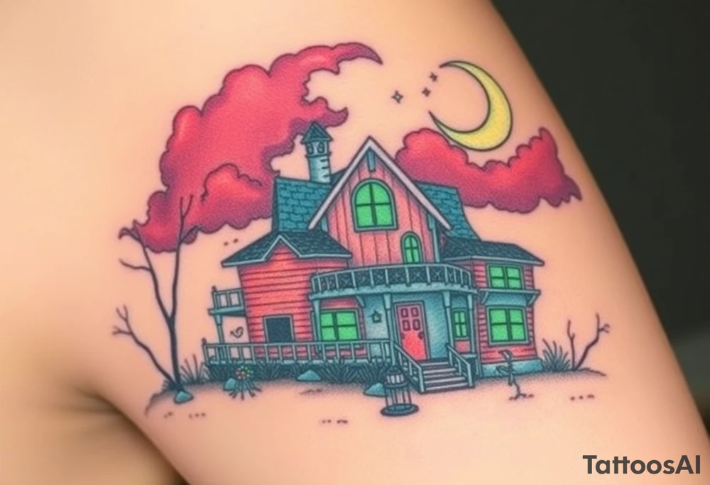 Tim Burton’s haunted pastel beach home is abandoned and dripping with muted reds, dusty pinks, and eerie green glow.purple and cyan smokey clouds swirl in the crescent moonlit sky thats sprinkled with stars tattoo idea tattoo idea