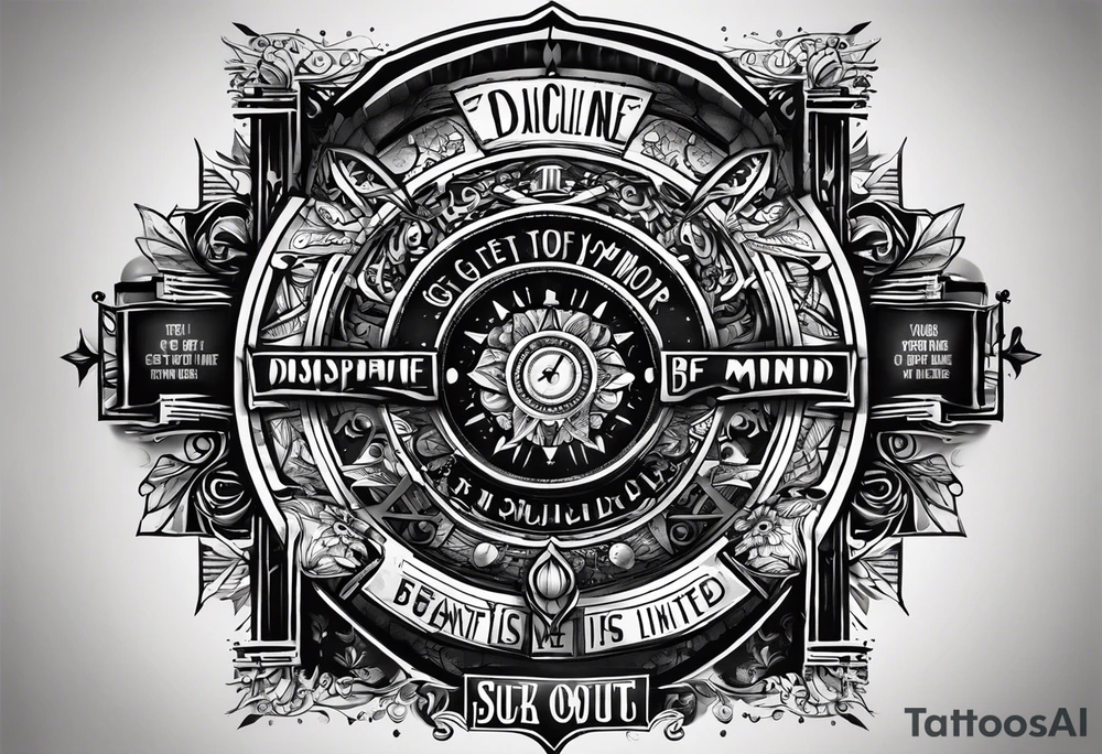 a bold text saying Discipline in the center of the screen with small other texts like "get out of your mind" and "your time is limited " and " be yourself"  also add geometric lines to it tattoo idea