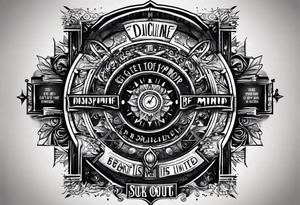 a bold text saying Discipline in the center of the screen with small other texts like "get out of your mind" and "your time is limited " and " be yourself"  also add geometric lines to it tattoo idea