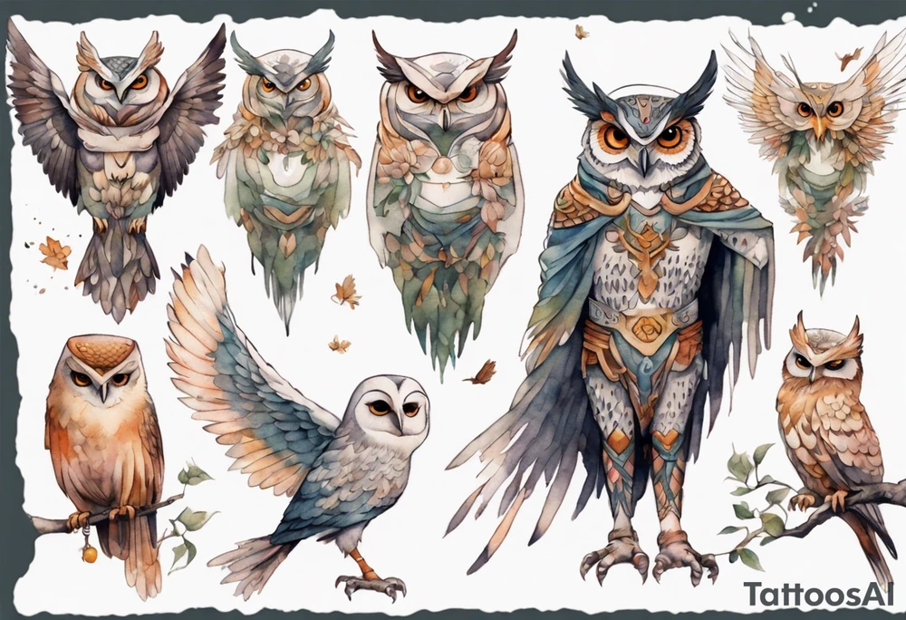 a creature in a tunic wearing an owl mask with long thin legs, the feet of a bird, and wings instead of arms in an evening forest tattoo idea