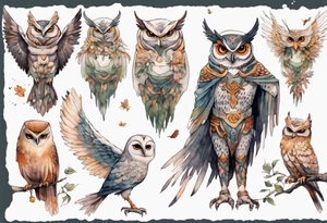 a creature in a tunic wearing an owl mask with long thin legs, the feet of a bird, and wings instead of arms in an evening forest tattoo idea