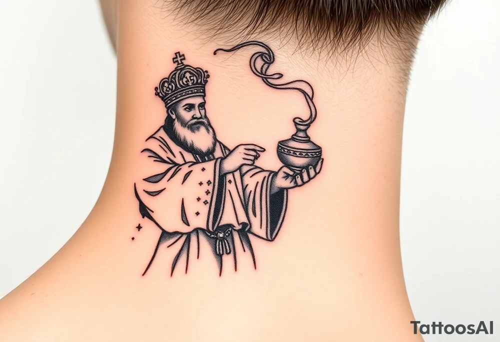 Russian Orthodox Priest in a fully detailed gold vestment swinging a censer with smoke curling upward tattoo idea