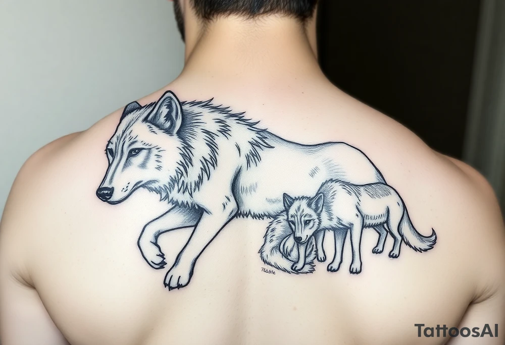 A solitary yet sublime and noble wolf and its progeny. tattoo idea
