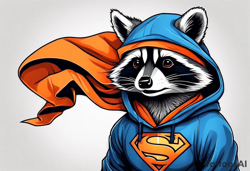 Raccoon wearing an orange Superman hoodie tattoo idea