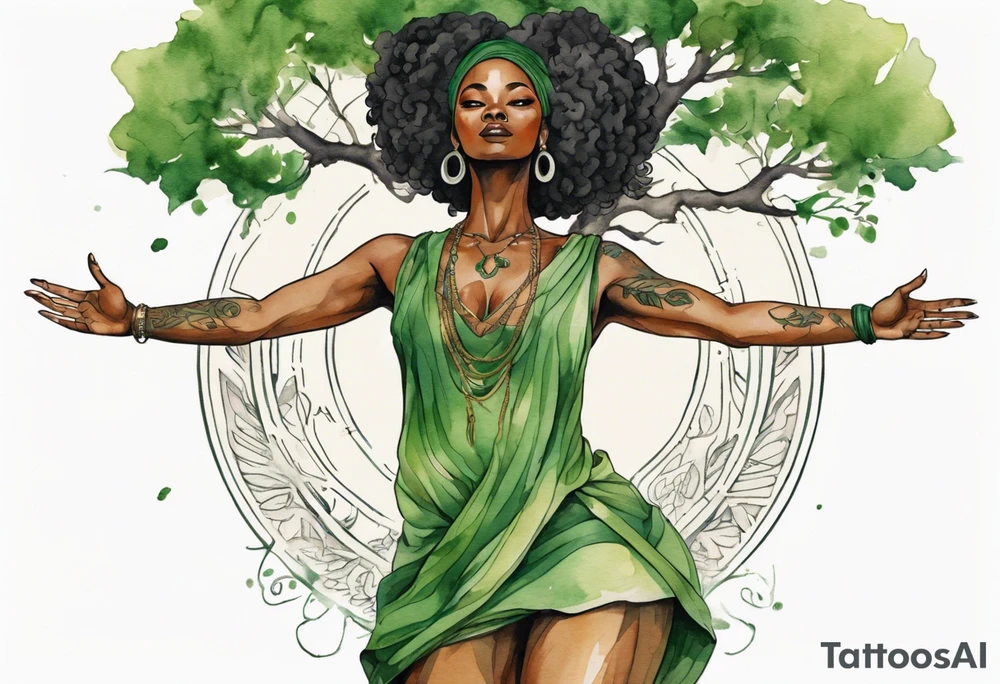 a tree trunk with roots that is a beautiful black woman from the waist up, arms reaching up to the sun, wearing a green tunic tattoo idea