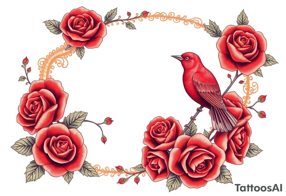 Vintage lace, red roses, red birds, vintage, wrap around, tighter together, no space open tattoo idea