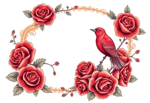 Vintage lace, red roses, red birds, vintage, wrap around, tighter together, no space open tattoo idea