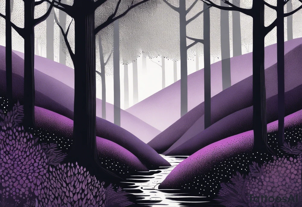 forest, lineswork, purple and black tattoo idea
