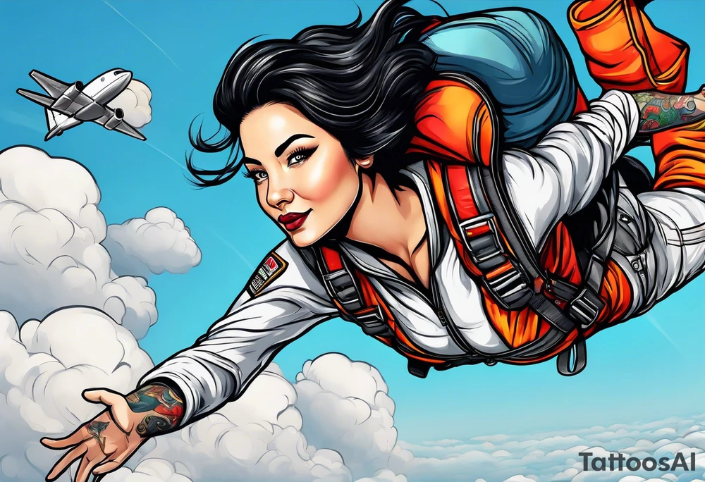 Black haired Woman skydiver jumping from plane with parachute tattoo idea