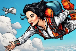 Black haired Woman skydiver jumping from plane with parachute tattoo idea