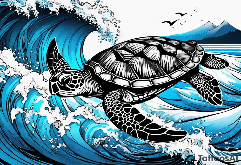 Full sleeve waves black with blue accents
3 turtles tattoo idea