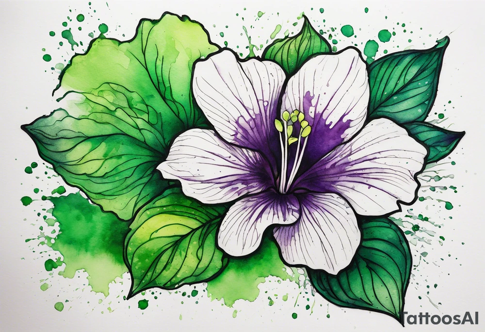 An outline of an only green rio dipladenia flower and a green and purple watercolor splash in the background tattoo idea