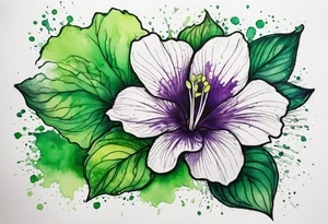 An outline of an only green rio dipladenia flower and a green and purple watercolor splash in the background tattoo idea