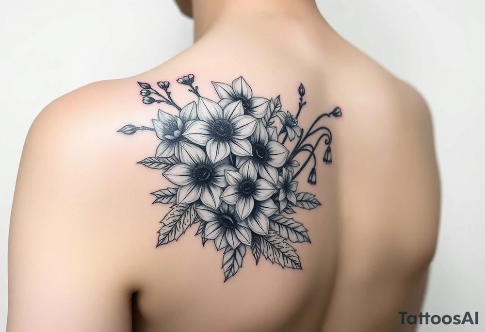 realistic bouquet of daffodils, daisies, lily of the valley on woman upper arm tattoo idea
