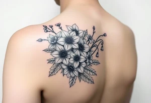 realistic bouquet of daffodils, daisies, lily of the valley on woman upper arm tattoo idea