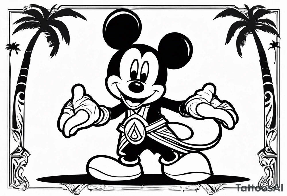 mickey mouse assassins creed character that is in the style of tron with palm trees tattoo idea