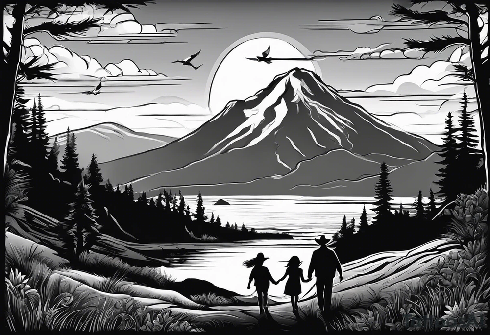 A shadow of a family of four walking through the Pacific northwest landscape. Father, Wife, Son, daughter.
 Faith centered and add Mexican culture .  Add border with importance of faith tattoo idea