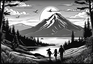 A shadow of a family of four walking through the Pacific northwest landscape. Father, Wife, Son, daughter.
 Faith centered and add Mexican culture .  Add border with importance of faith tattoo idea
