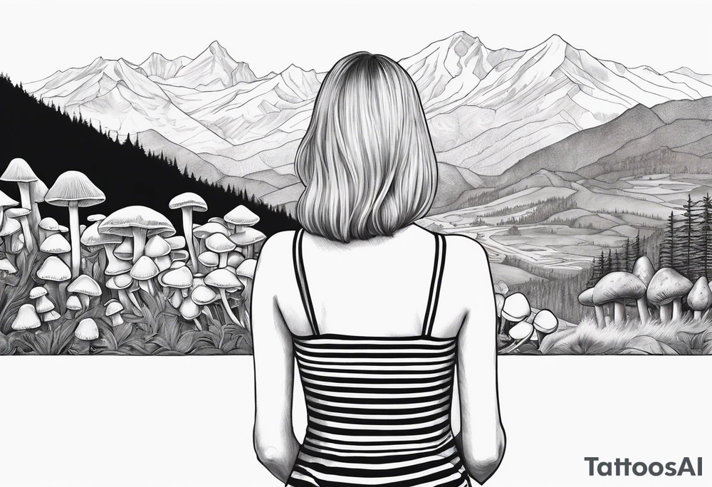 Straight blonde hair girl holding oyster mushrooms in hand facing away toward mountains surrounded by mushrooms black and white striped dress tattoo idea