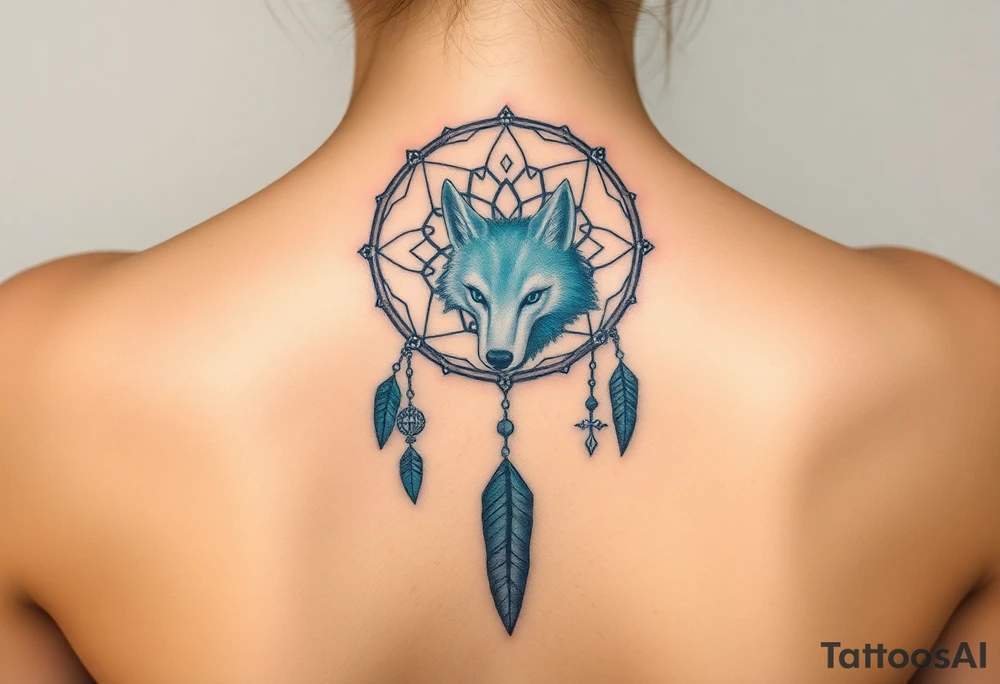 Dreamcatcher with zodiac symbols and protection runes caught in it with wolf teal tattoo idea