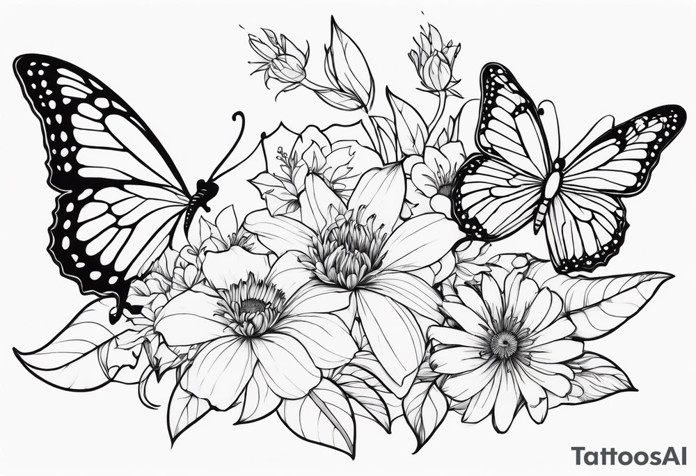 Butterflies with lilys, asters and morning glories tattoo idea