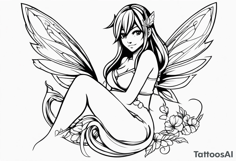A fairy with a tail inspired by the logo of the anime show called Fairy Tail in a fetal position leaning in tattoo idea
