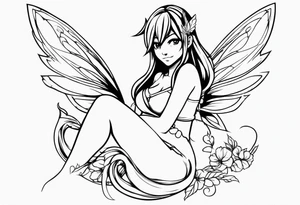 A fairy with a tail inspired by the logo of the anime show called Fairy Tail in a fetal position leaning in tattoo idea