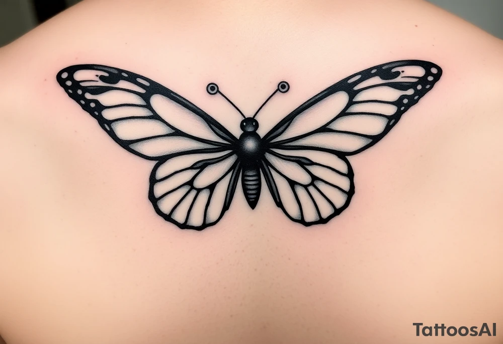 dainty butterfly with swirls coming from both wings tattoo idea