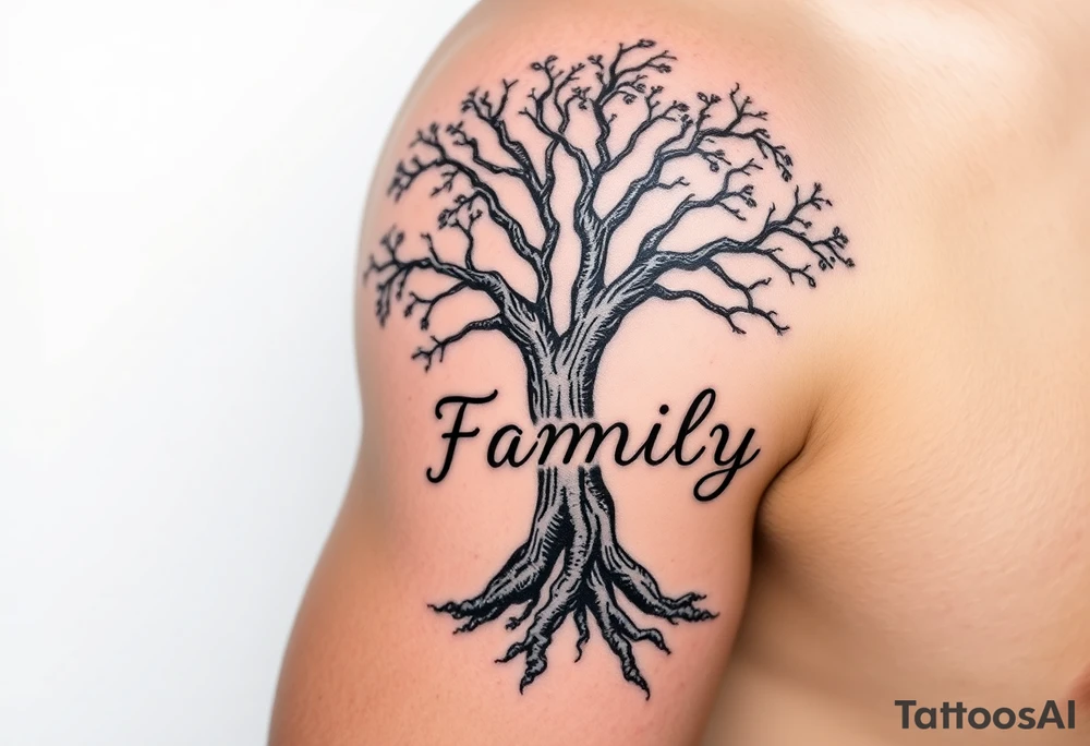 A black and gray realistic tree with engraved word family on the trunk, highlighting deep-rooted family connections tattoo idea