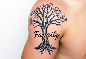 A black and gray realistic tree with engraved word family on the trunk, highlighting deep-rooted family connections tattoo idea