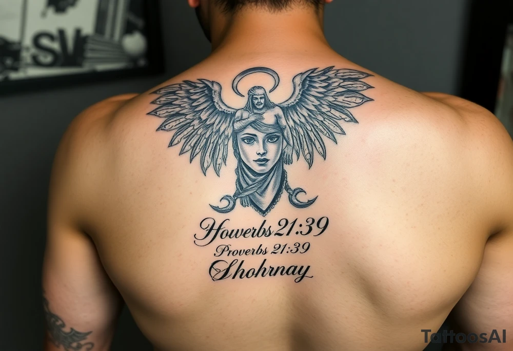 i want to fill my whole forearm so a full half sleeve can you generate archangel micheal stepping on the devils head like defeating him and then can you put  proverbs 21:39 below and put my moms name “Sharnay” with her eyes and fill wtv you want in with the rest just match the theme tattoo idea