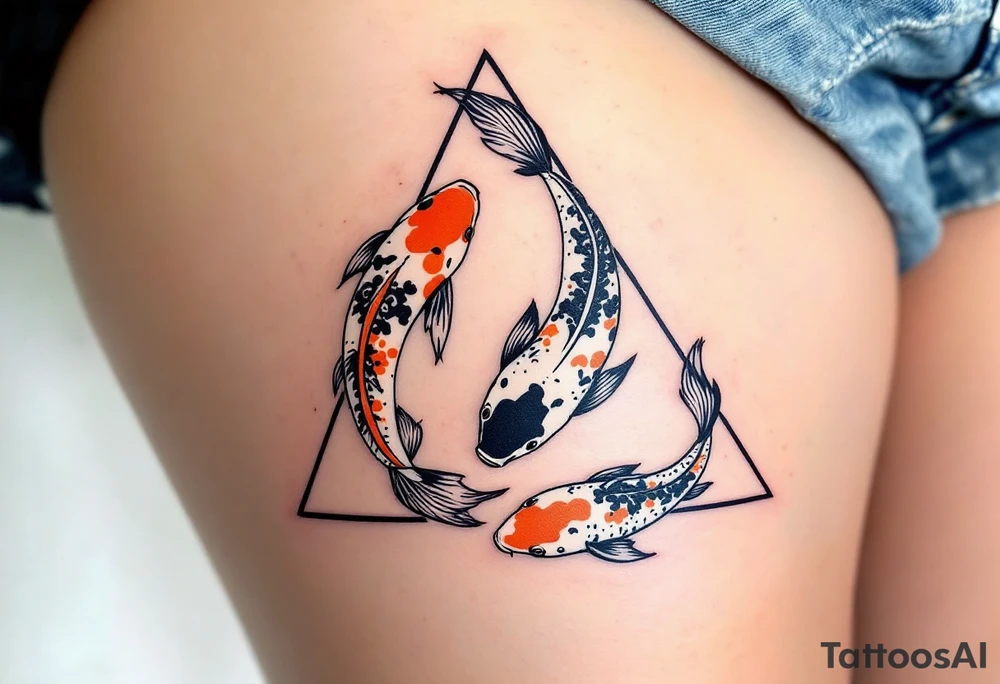 A triangle formed by three koi fish in orange, black, and white, swirling in harmony. tattoo idea
