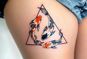 A triangle formed by three koi fish in orange, black, and white, swirling in harmony. tattoo idea