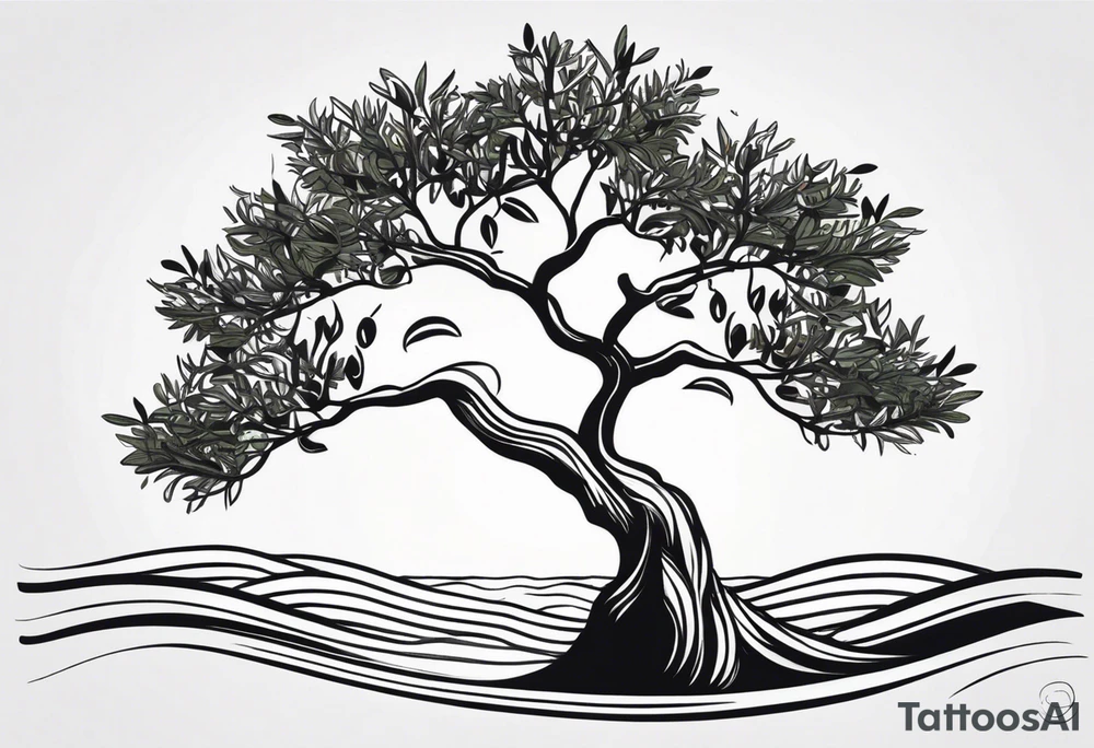 Olive tree into waves, ocean, sun for wrist tattoo idea Olive tree into waves, ocean, sun for wrist tattoo idea