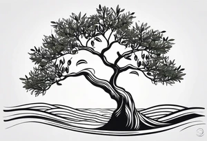 Olive tree into waves, ocean, sun for wrist tattoo idea