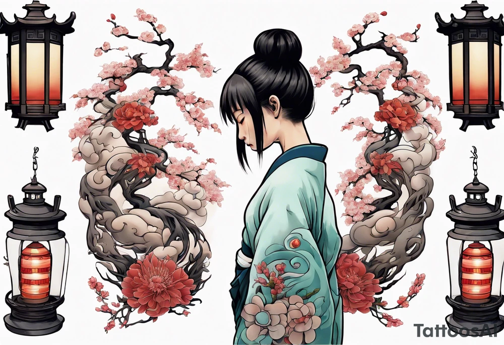 spirited away sleeve, chihiro uchigo, lanterns, blossoms, spirits, sen, tattoo idea