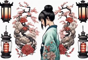 spirited away sleeve, chihiro uchigo, lanterns, blossoms, spirits, sen, tattoo idea